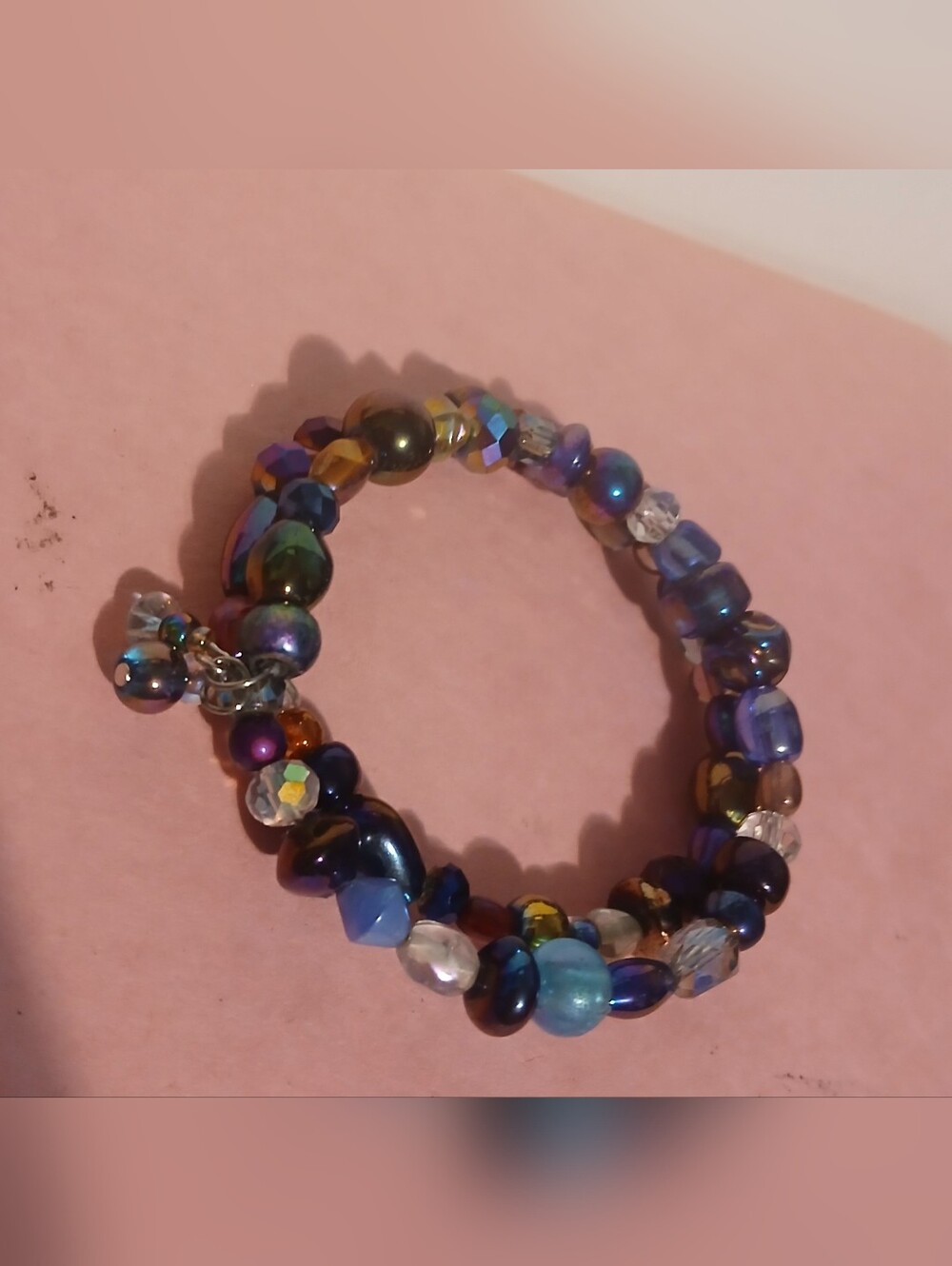 Hand Crafted Beaded Memory Wire Iridescent Multi Colored Bracelet